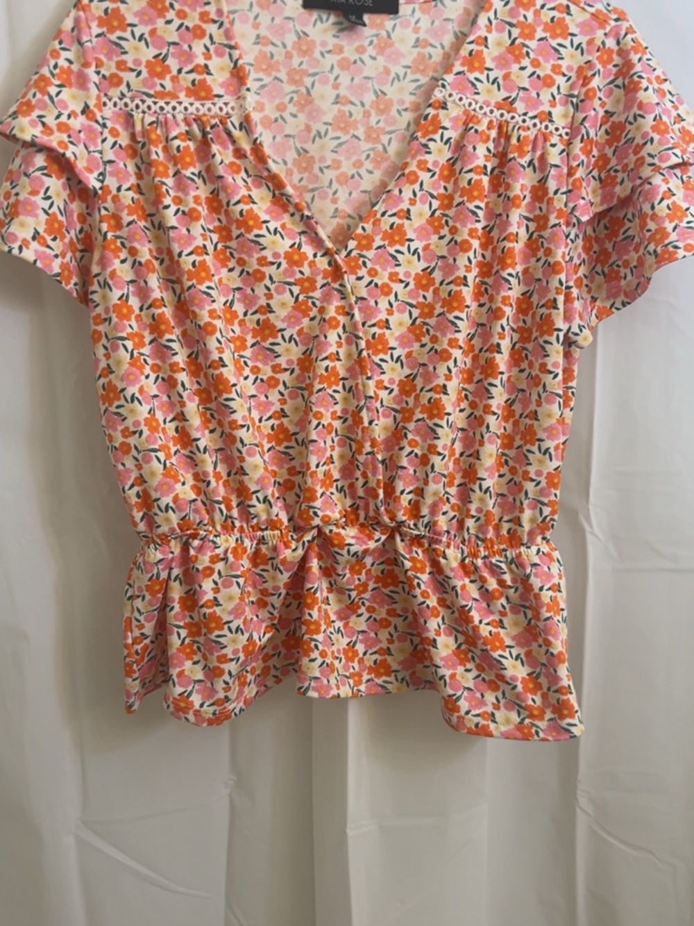 Floral Peplum V-Neck Top - Pink & Orange -